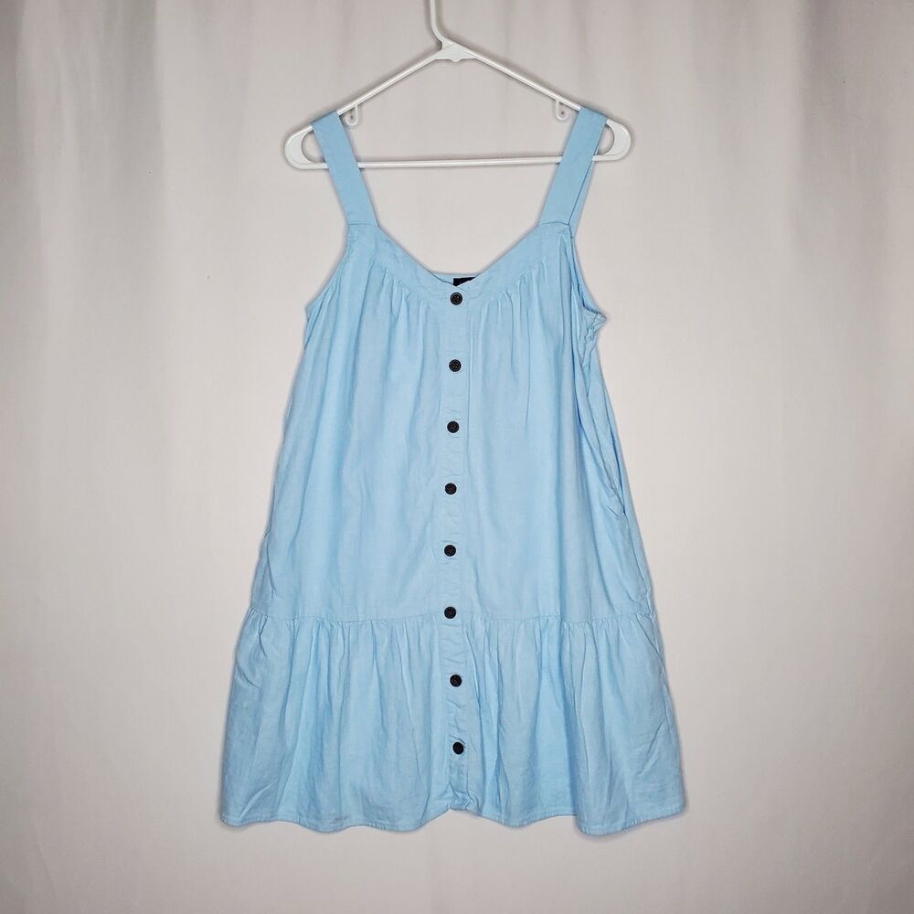 J Crew Linen Blend Babydoll Mini Dress 4 Pastel Blue Button-Accent Ruffle Pocket